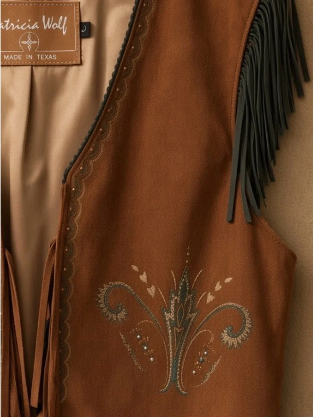 Patricia Wolf hand painted brown leather vest with black fringe RTL $395 L EUC